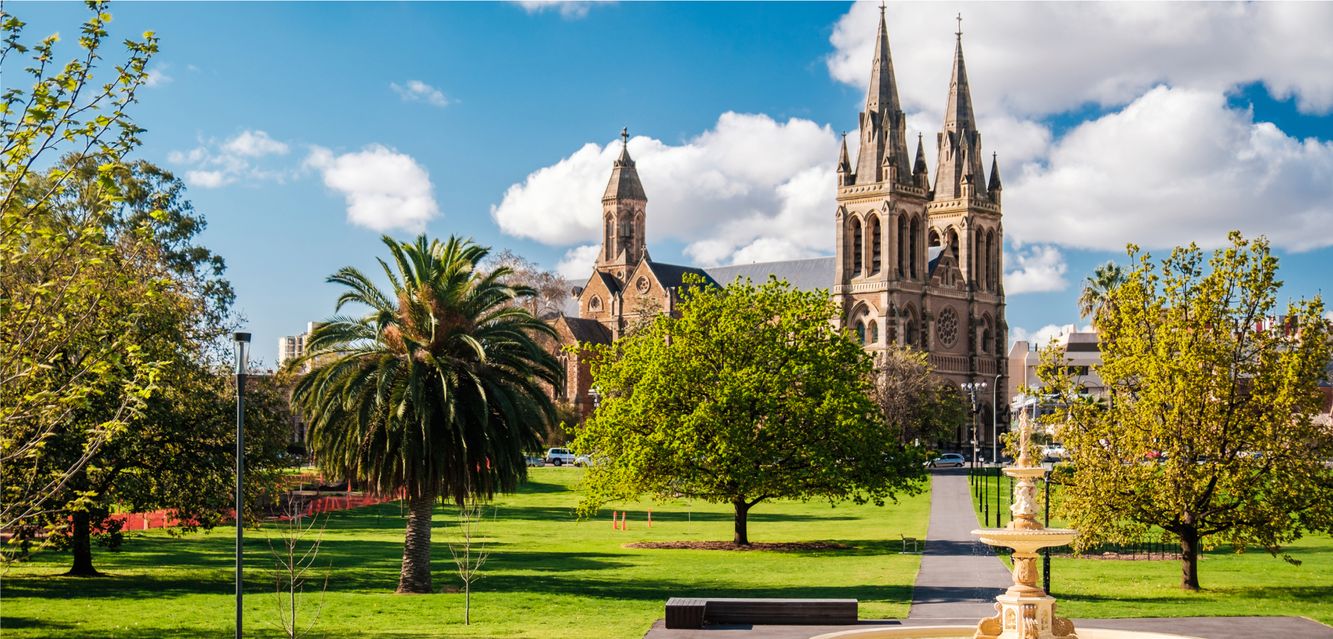 The view of St.Peter’s Cathedral from Pennington Gardens in Adelaide.