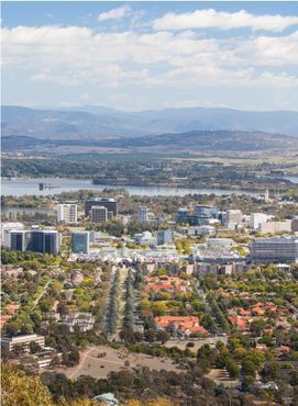 An aerial view over the Canberra CBD, Australia.