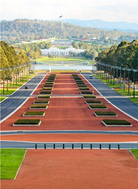 Anzac Boulevard as seen from Australian War Memorial, looking toward the Australian Parliament Building in the far distance, Canberra, Australia.