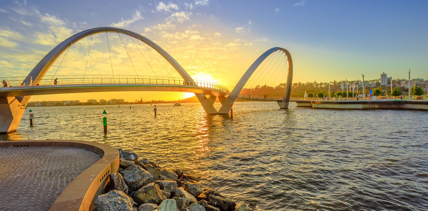 Scenic and iconic Elizabeth Quay Bridge at sunset in Perth, Western Australia.
